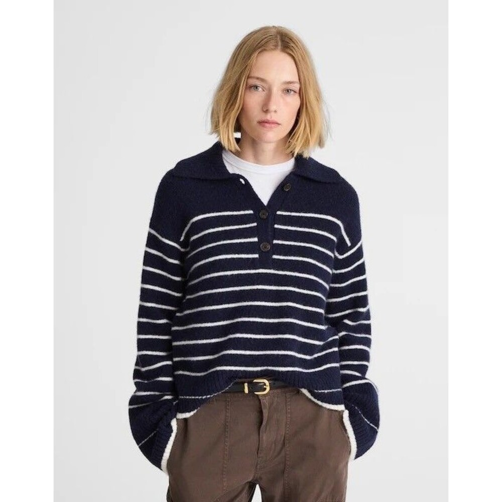 MADEWELL Cloudsoft Polo Sweater XS Navy Ivory Mini Stripe Wool Blend NWT B25